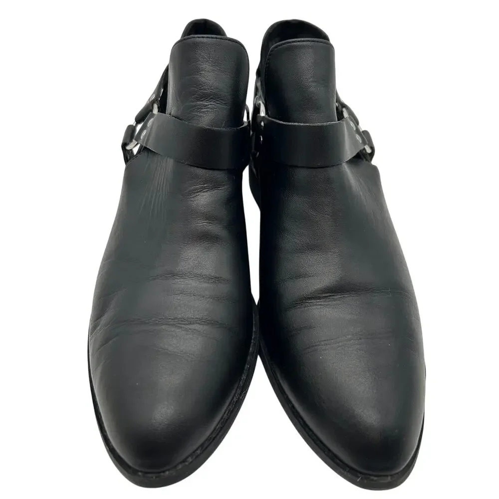 BP Nordstrom Black Leather Moto Ankle Boot Size 8.5 Harness Ring Zip Buckle Fall